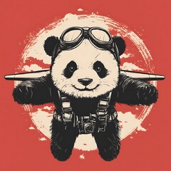 Poster - A smiling panda wearing goggles and a flight suit, flying with wings attached to his arms.