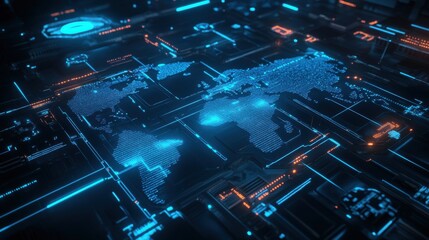 Poster - Futuristic Neon Blue World Map Visualization