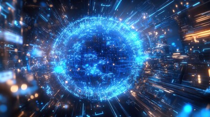 Poster - Glowing Blue Neon Globe in Futuristic Background