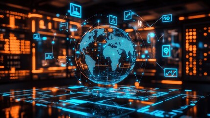 Poster - Glowing Digital Globe Connected by Neon Lines