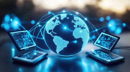 Poster - Glowing World Globe with Connected Lines and Devices