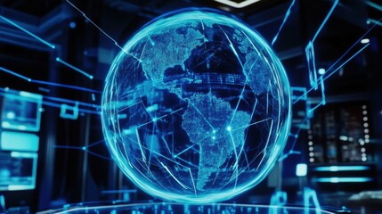 Poster - Holographic Globe with Neon Blue Light Emissions