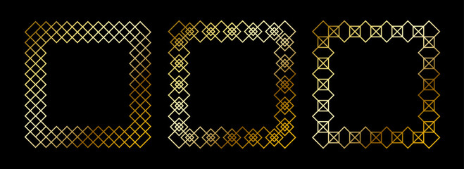 Poster - Gold thin frame set. Golden square borders in art deco style. Thin linear radiance rectangle element collection. Luxury shiny glowing boarder pack. Vector bundle for photo, cadre, poster, card, banner