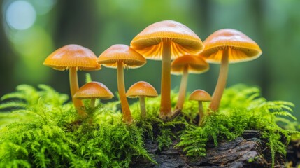 Wall Mural - Orange Mushrooms Growing on a Mossy Log in a Forest