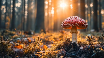 Wall Mural - A Single Red Mushroom in a Sunlit Forest