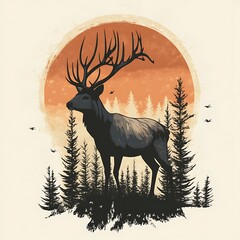 Poster - Silhouette of a stag standing in a forest with a sunset behind it.