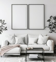 Minimalistic living room interior with two blank poster frames, white sofa, houseplants and coffee table. .