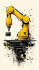 Poster - A yellow robot is holding a computer in its hand. The robot is surrounded by a lot of black and white splatters, giving the image a chaotic and disordered appearance