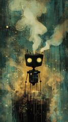 Poster - A robot is standing in front of a building with smoke coming out of it. The robot is looking at the camera with a creepy expression. Scene is eerie and unsettling