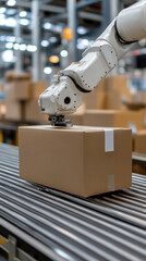 Poster - A robot is working on a box on a conveyor belt. The robot is white and has a box on its arm
