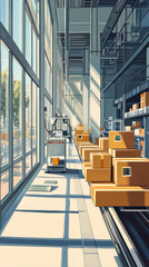 Poster - A warehouse with a conveyor belt full of boxes. The boxes are orange and white. The warehouse is empty