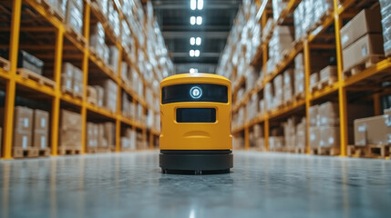 Poster - A yellow robot is standing in a large warehouse. The robot is surrounded by boxes and pallets, and it is in a busy environment. The robot is likely a warehouse worker