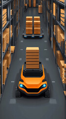 Poster - A car is driving down a warehouse aisle with boxes stacked on top of it. The car is orange and has a blue light on it