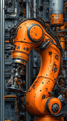 Poster - A robot is covered in wires and is orange in color. The robot is surrounded by a lot of machinery and wires