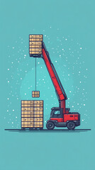 Poster - A crane is lifting a box from a pile of boxes. The crane is red and the boxes are brown