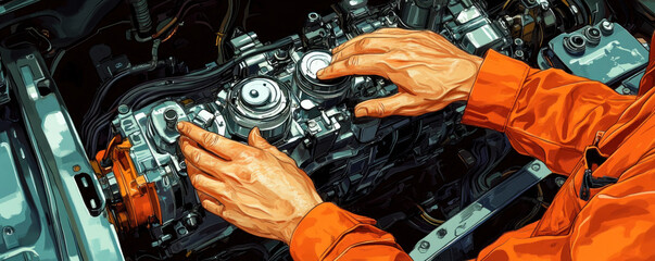 Poster - A man is working on a car engine. The image has a mood of determination and focus as the man carefully inspects the engine