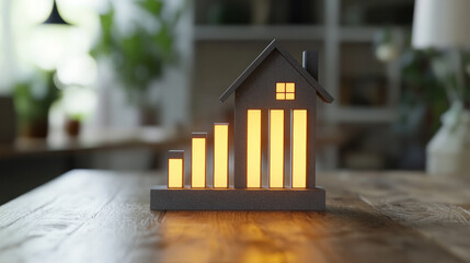 Poster - A house is lit up with yellow lights and is on a table. The house is a representation of a home and the lights represent the warmth and comfort of a home