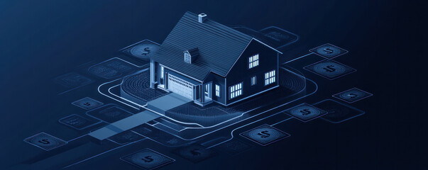 Poster - A house is shown in a blue background with a lot of money symbols around it. The house is surrounded by a lot of money symbols, which gives the impression of wealth and prosperity