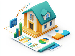 Poster - A house with a blue roof and a white trim. The house is surrounded by a lot of graphs and charts