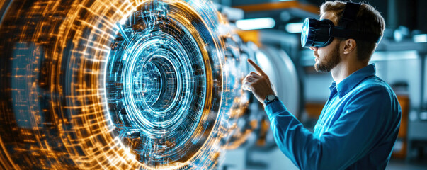 Poster - A man is pointing at a virtual reality display. The display is a large circle with a lot of colors and patterns. The man is wearing a blue shirt and he is focused on the display