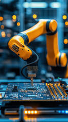 Poster - A robot is working on a computer chip. The robot is yellow and has a long arm. The robot is in a factory setting