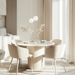 Modern and minimalist dining room interior with a round table and comfortable chairs. The bright space is decorated in neutral tones, creating a cozy and inviting ambiance.