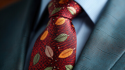 Elegant tie featuring autumn leaf patterns, perfect for Thanksgiving celebrations. rich red color and intricate design add touch of sophistication to any outfit