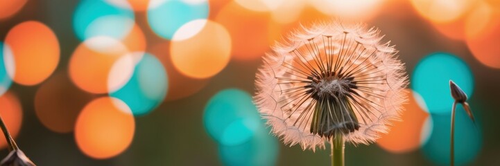 Dandelion seed head, extreme close-up, soft focus background, vibrant bokeh lights, teal and orange color palette, dreamy atmosphere, macro photography, shallow depth of field, delicate details, ether