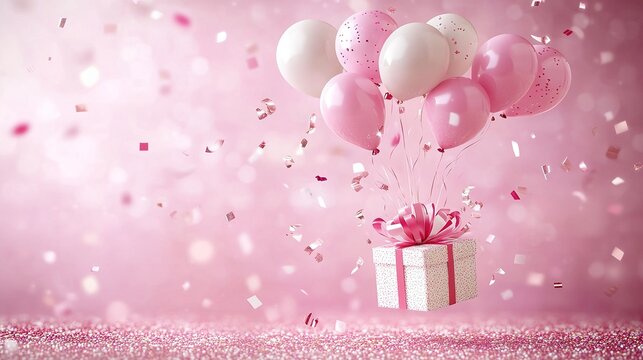3d rendering of open balloons flying gift box with confetti elements and mini gifts Pink Abstract Background