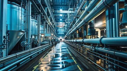 Poster - This clean industrial space filled with metallic pipes and machinery reflecting overhead lights.