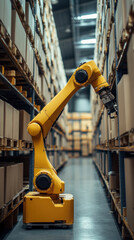 Poster - a yellow robot is in a warehouse, surrounded by boxes. the robot is tall and has a long arm, which i