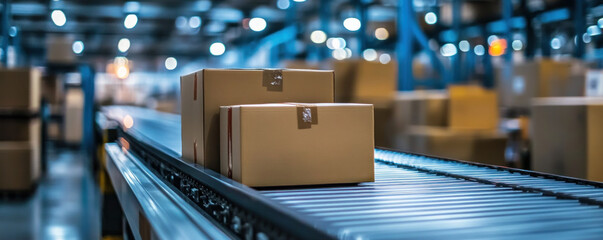 Poster - Two boxes are on a conveyor belt in a warehouse. The boxes are brown and have stickers on them. The conveyor belt is moving and the boxes are being sorted