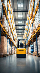 Poster - A forklift is driving down a long aisle of pallets. The warehouse is full of boxes and pallets, and the forklift is the only vehicle in the scene