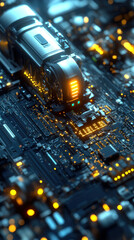 Poster - A close up of a computer chip with a yellow light on it. The image is a representation of a futuristic cityscape with a lot of technology