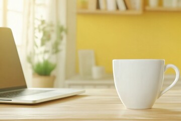 Aufkleber - Modern Workspace with Laptop and Coffee Cup on Light Wooden Table