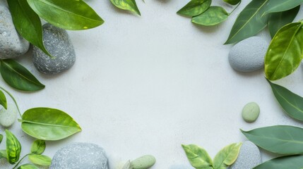 Poster - Eco-Friendly Mockup Green Leaves and Stones on White Concrete Surface