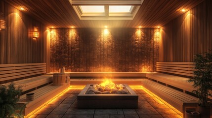 Poster - A Cozy and Warm Sauna with a Fire Pit in the Center