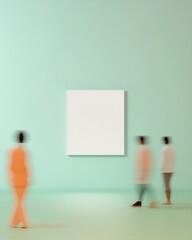 Aufkleber - Minimalist Mockup Blurred Figures Pass by Blank Poster Frame on a Soft Green Wall in Retail Setting - Low Angle