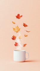 Canvas Print - Minimalist Coffee Cup with Falling Autumn Leaves on Pastel Background