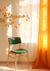 Wall Mural - Serene Cozy Living Room with Sunlight, Green Chair, and Autumn Leaves