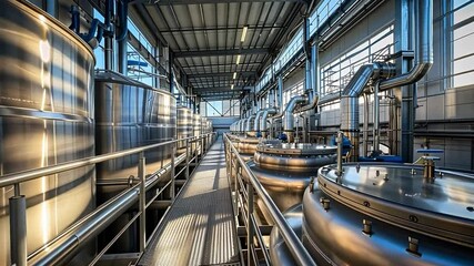 Poster - This facility features rows of gleaming stainless steel tanks and pipes in bright light.