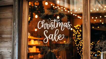 Christmas sale sign in festive window with warm lights and holiday decorations.