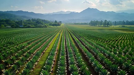 Poster - This Rows of vibrant pineapple plants stretch across the landscape with mountains in the background.