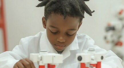 Aufkleber - Focused Young African American Boy in Lab Coat Engaged in Robotics Project in Morning Classroom