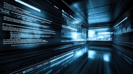 Poster - Abstract background with multiple laptops displaying colorful applications, symbolizing online collaboration, software development, and tech solutions.