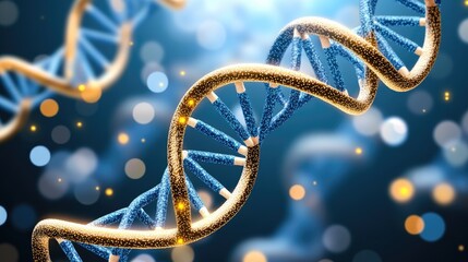 Fototapete - Abstract DNA helix floating in space, with a glowing, neon-blue structure and tiny particles swirling around, symbolizing life and science.