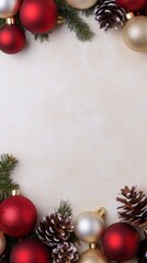 Poster - Christmas Decorations Background Red Ornaments and Pine Cones on Light Yellow Surface, Minimalist, Top View