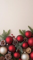 Aufkleber - Minimalist Christmas Composition with Red Ornaments and Pine Cones on Light Yellow Background, Top View, Flat Lay