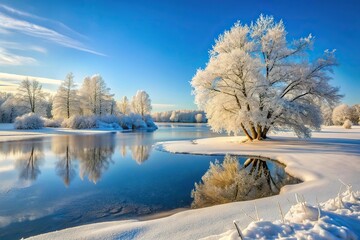 Serene winter landscape with snow covered trees and a frozen lake under a bright clear sky shining with sunlight High Angle