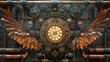 © PARAMETH - A vibrant steampunk card with intricate gears, pipes, and machinery, all in bronze and copper hues. A glowing clock at the center with mechanical wings stretching outward, symbolizing time in motion.